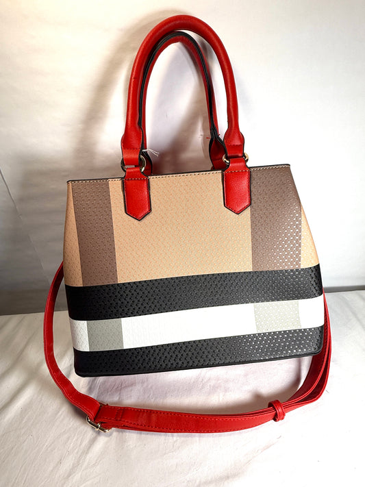 Plaid tote handbag with adjustable strap.