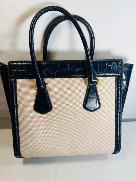 Michael Kors Colette Leather Canvas Navy Cream Tote Bag Crossbody Purse Charm