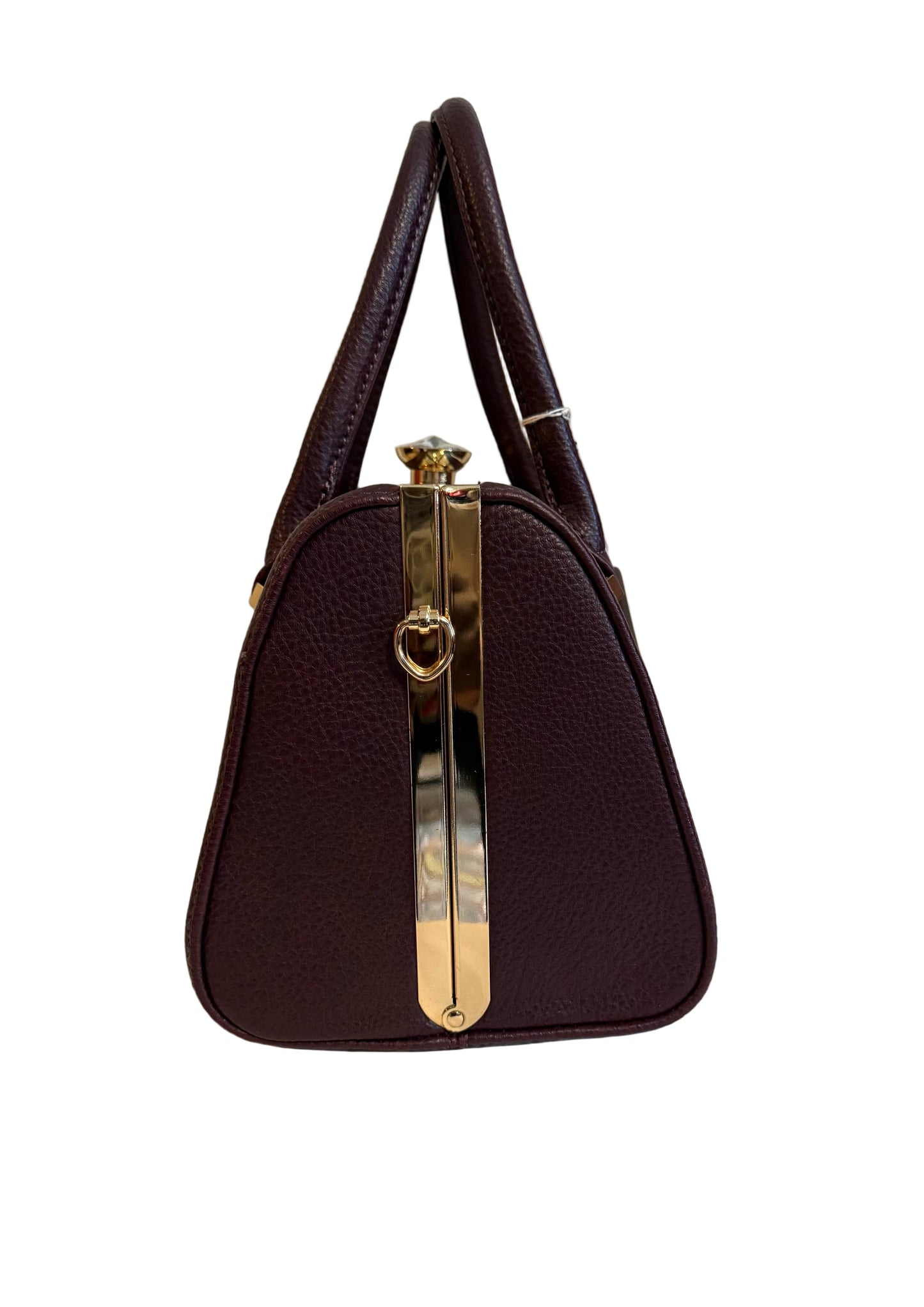 Barrel Satchel bag w/Adjustable Strap. Burgundy Maroon leather with Faux Diamond Kiss lock.