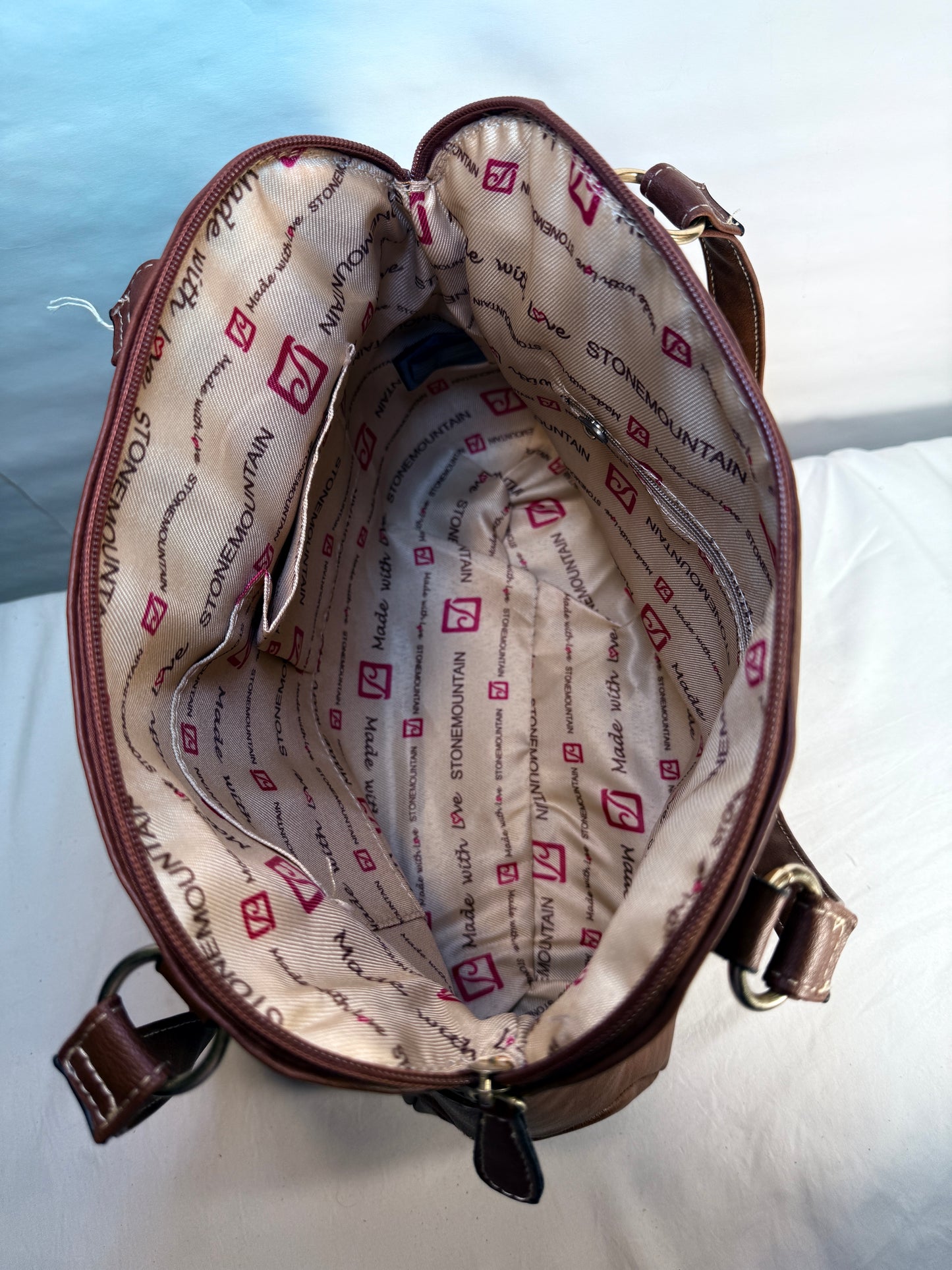 Brown Leather Dual Pocket Double Strap Shoulder Bag w/3 outside Zip Pocket