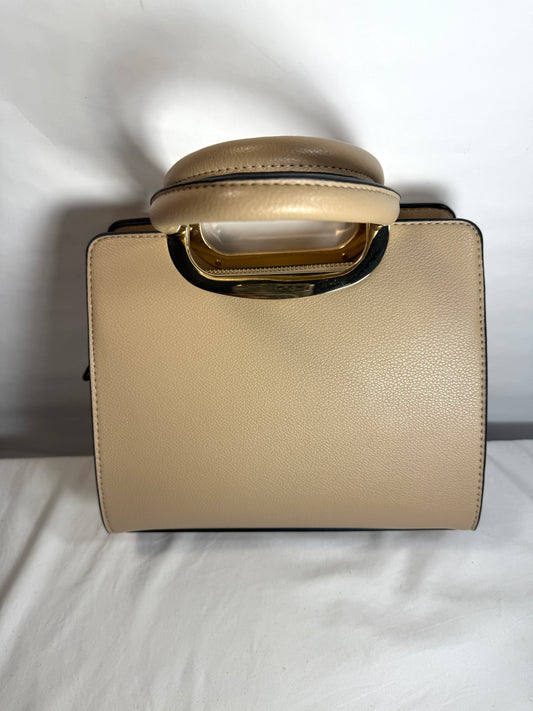 Small Faux Tote/Shoulder Bag w/woven design trim and gold tone hardware.