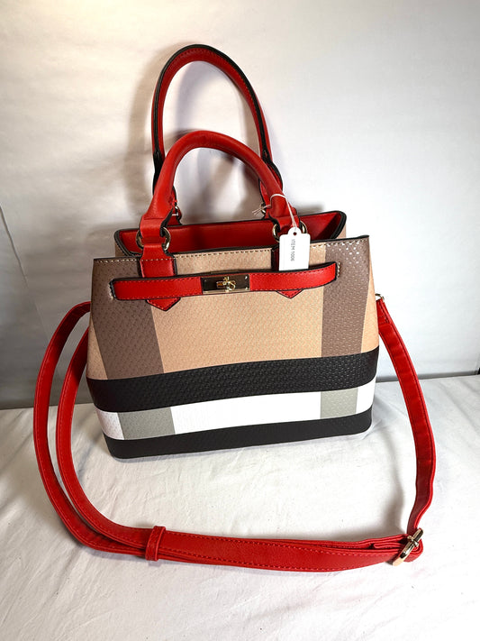 Plaid tote handbag with adjustable strap.