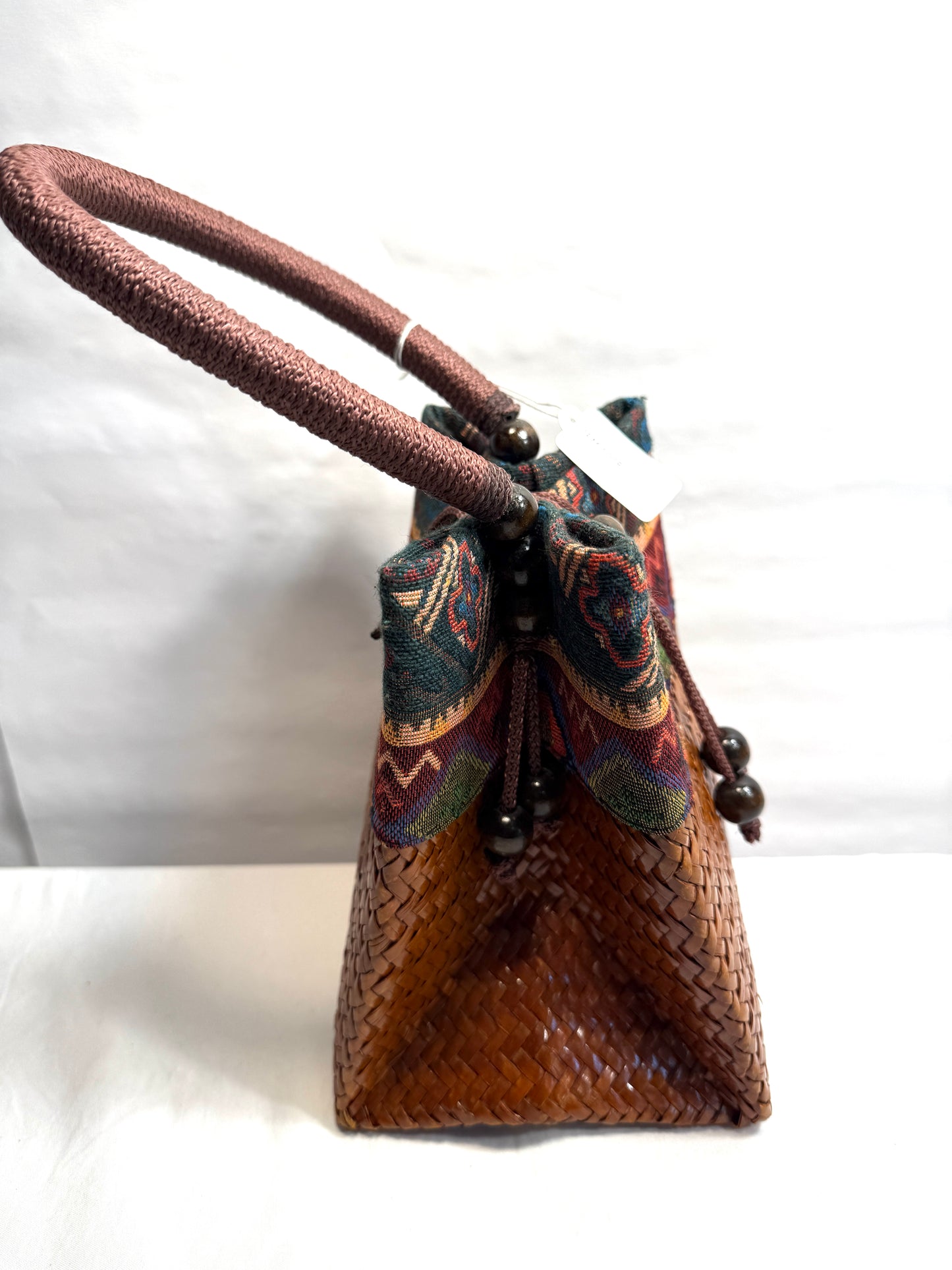 Hand-woven Mini Retro Elephant Pattern Straw Handbag. Summer Beach Boho Rattan Travel Tote Bag with Wooden Beaded Tassel Pendant.