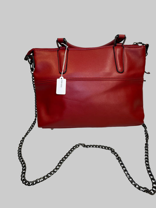 Genuine leather, red handbag, Removable Chain Strap, structured tote. Pre-owned.