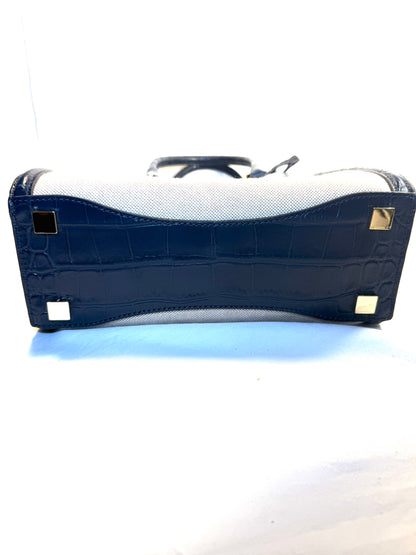 Michael Kors Colette Leather Canvas Navy Cream Tote Bag Crossbody Purse Charm