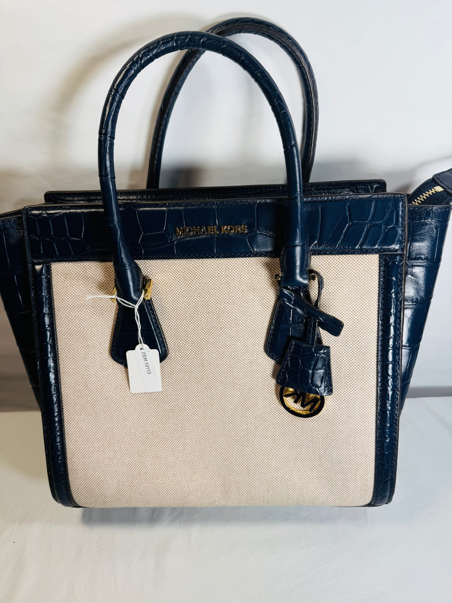 Michael Kors Colette Leather Canvas Navy Cream Tote Bag Crossbody Purse Charm