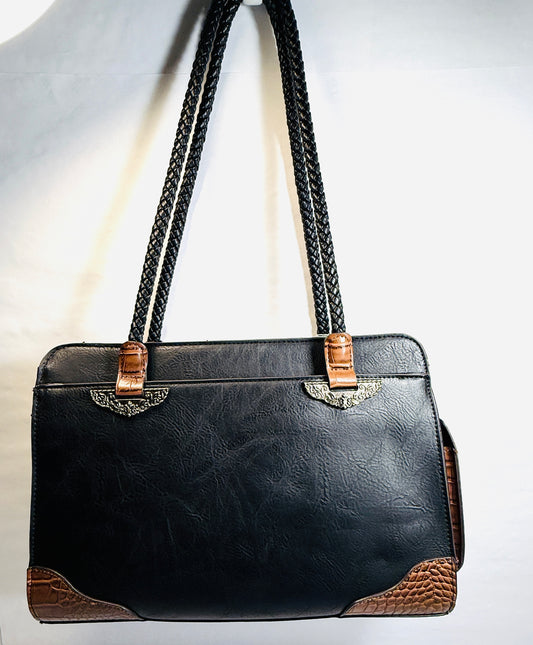 Bueno Large Black Faux Leather Shoulder/Tote Bag w/Braided Straps..