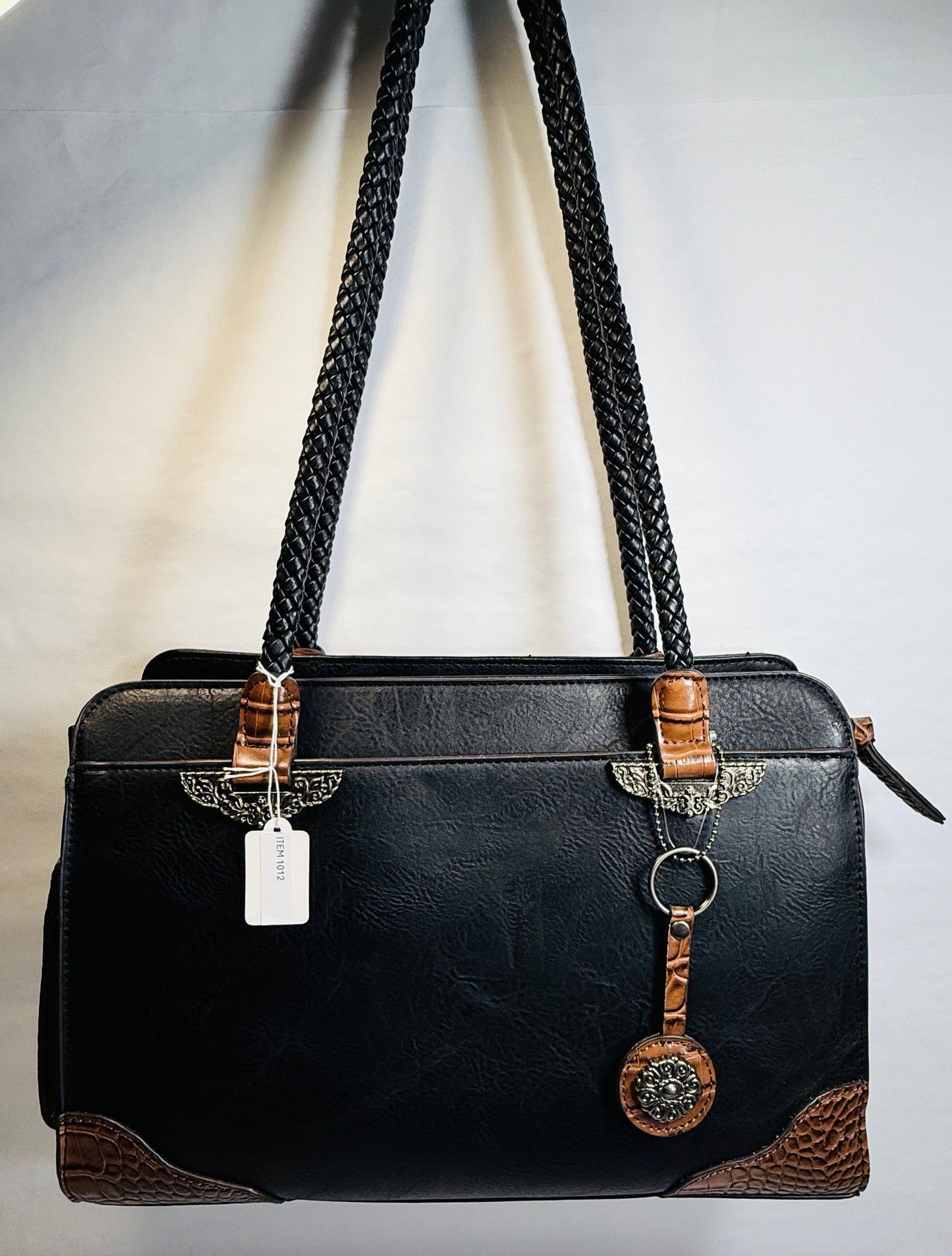 Bueno Large Black Faux Leather Shoulder/Tote Bag w/Braided Straps..