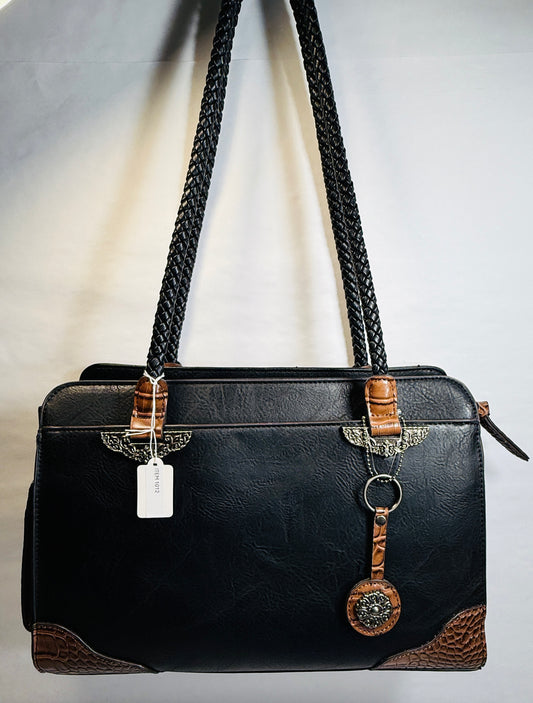 Bueno Large Black Faux Leather Shoulder/Tote Bag w/Braided Straps..