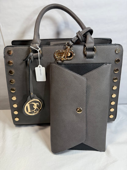 Gray Medium Satchel Top Handle Tote. Work Handbag with Matching Clutch.