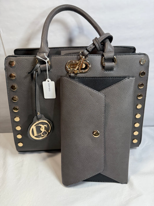 Gray Medium Satchel Top Handle Tote. Work Handbag with Matching Clutch.