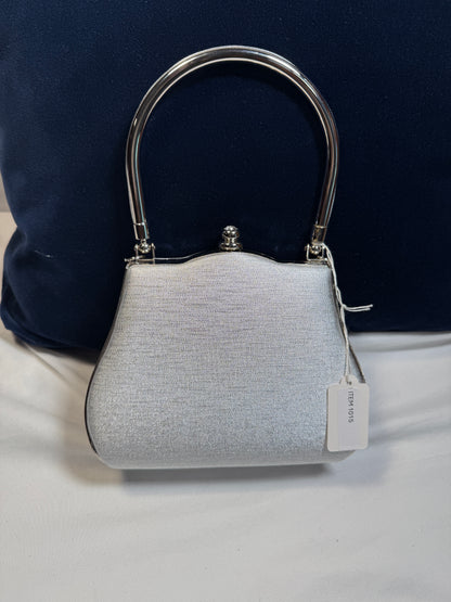 Small Evening Purse w/Clasp. Silver Fabric with Silvertone Metal Handle.