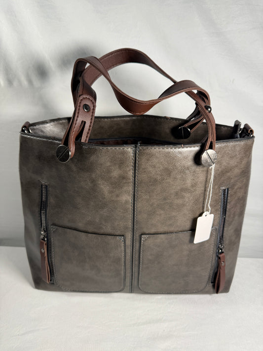 Pre-owned. Brown Top Handle Bag W/ Long Shoulder Strap Removable Handles Faux Leather