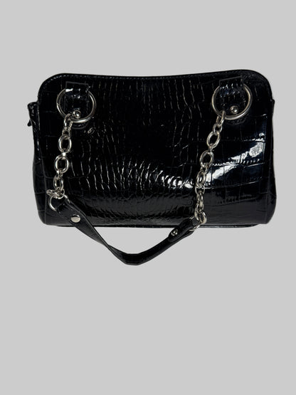 Liz Claiborne Black Handbag Purse Faux Croc Leather Inside Pockets