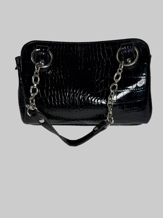 Liz Claiborne Black Handbag Purse Faux Croc Leather Inside Pockets