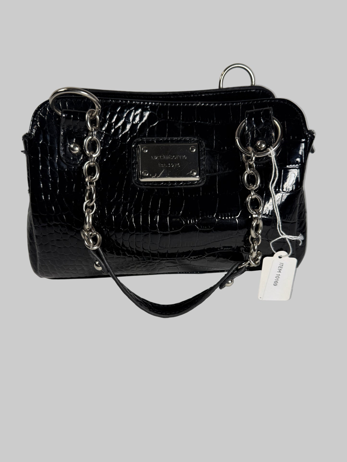 Liz Claiborne Black Handbag Purse Faux Croc Leather Inside Pockets
