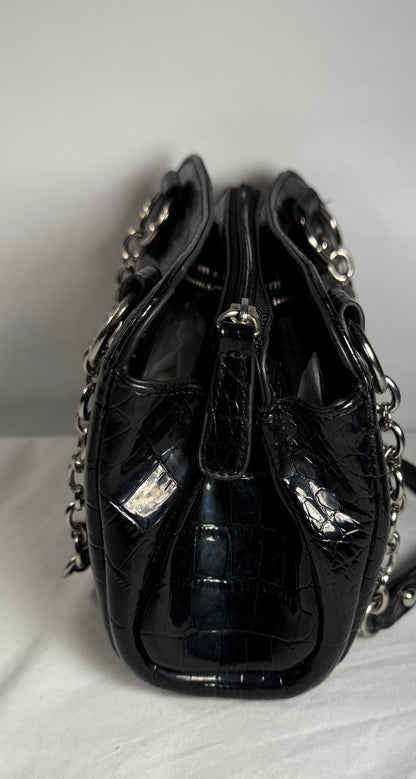 Liz Claiborne Black Handbag Purse Faux Croc Leather Inside Pockets