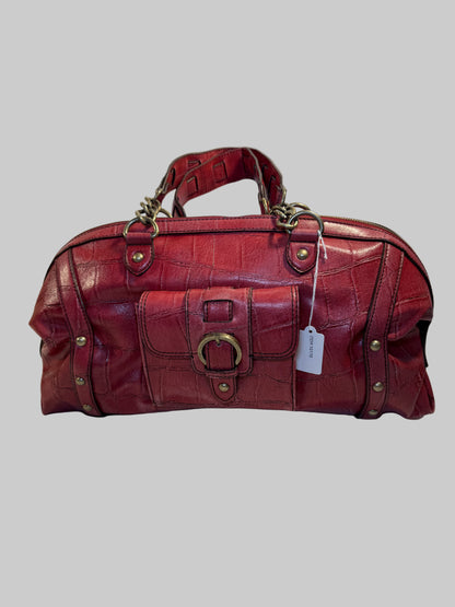 Pre-owned. Good condition. Burgundy duffle bag w/chain link straps