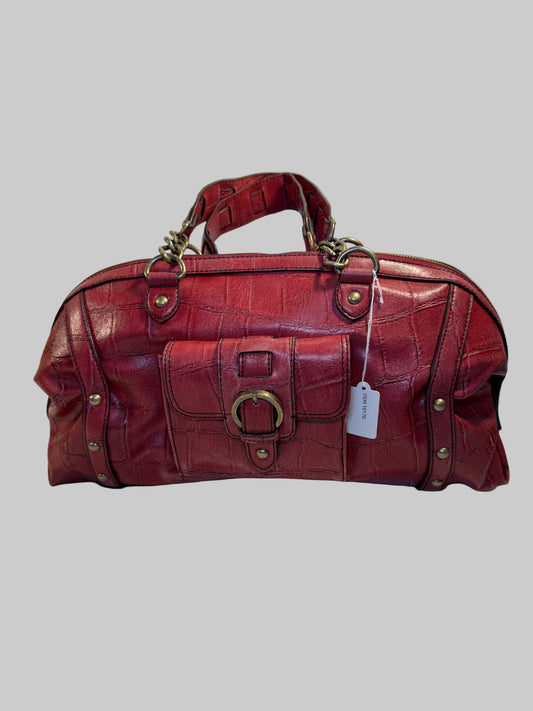 Pre-owned. Good condition. Burgundy duffle bag w/chain link straps