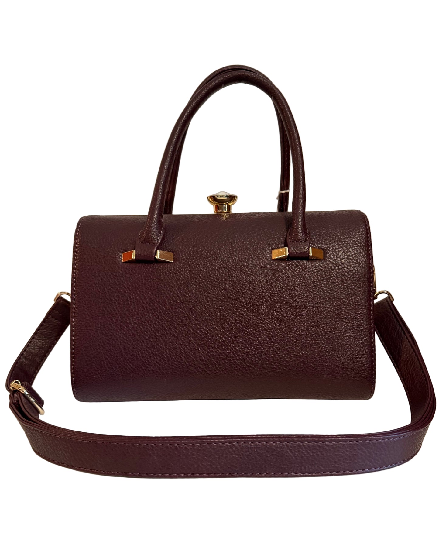 Barrel Satchel bag w/Adjustable Strap. Burgundy Maroon leather with Faux Diamond Kiss lock.