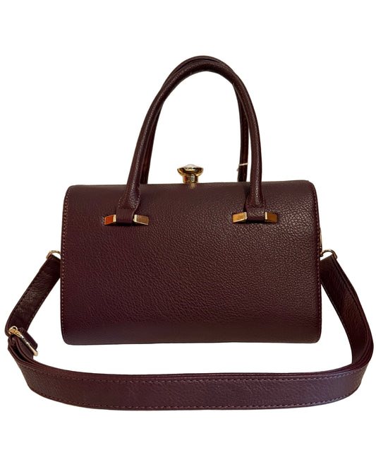 Barrel Satchel bag w/Adjustable Strap. Burgundy Maroon leather with Faux Diamond Kiss lock.