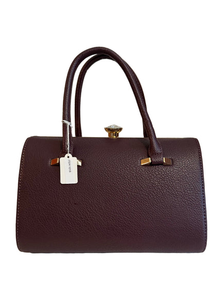 Barrel Satchel bag w/Adjustable Strap. Burgundy Maroon leather with Faux Diamond Kiss lock.