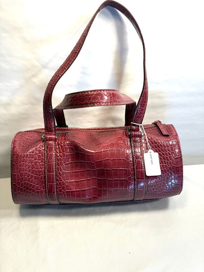 Pre-owned Crocodile-embossed burgundy patent leather barrel bag with silver-tone zipper closure.