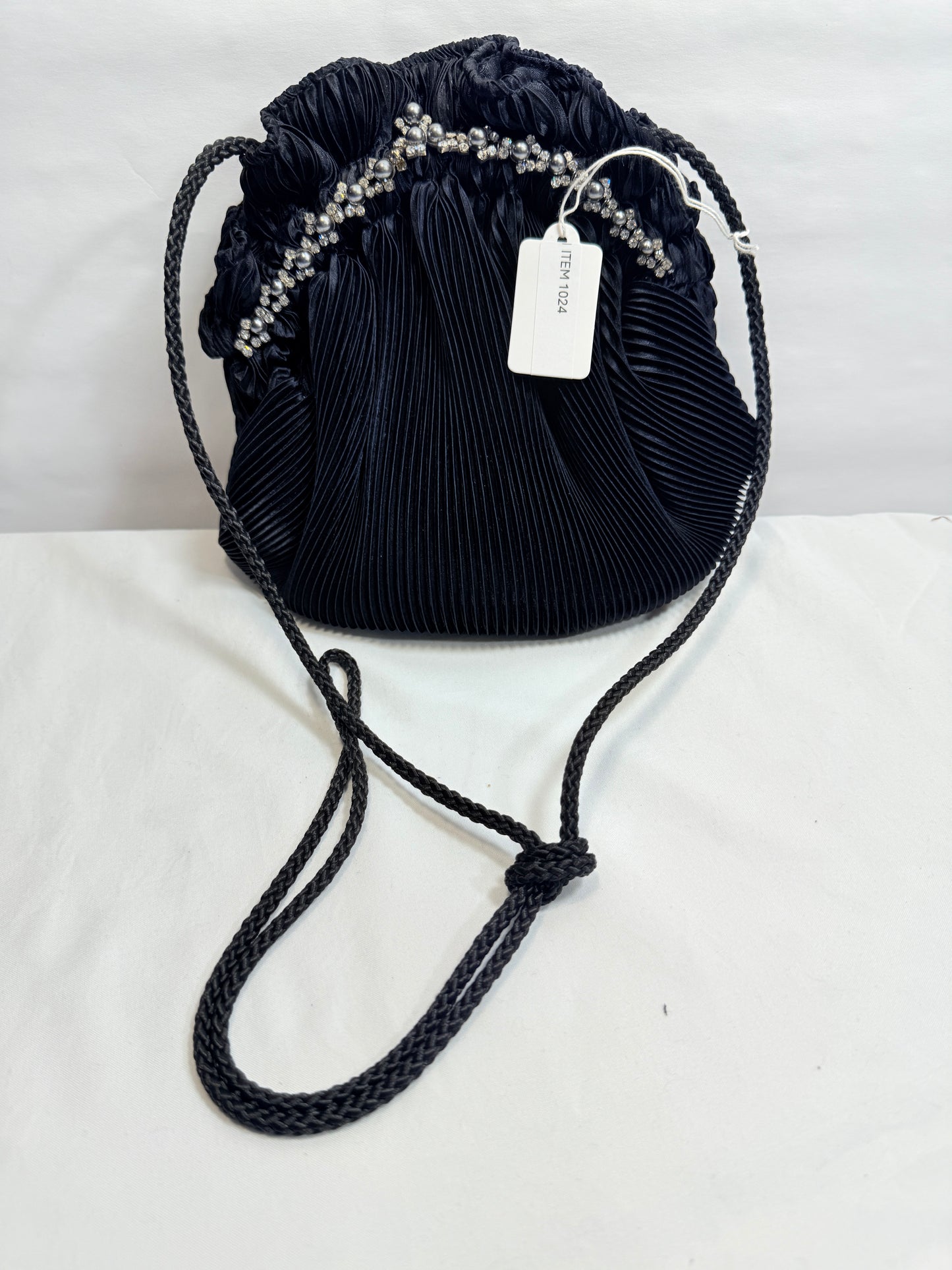 Small Black Pleated Dome Evening Purse w/drawstring closure.