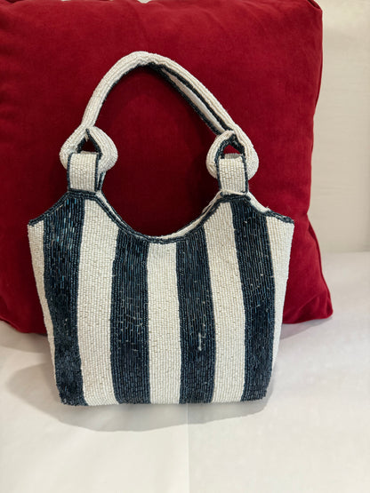 Striped Navy Blue and White Beaded Women's Tote Bag