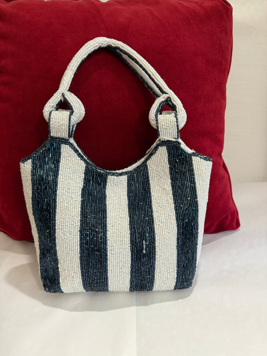 Striped Navy Blue and White Beaded Women's Tote Bag