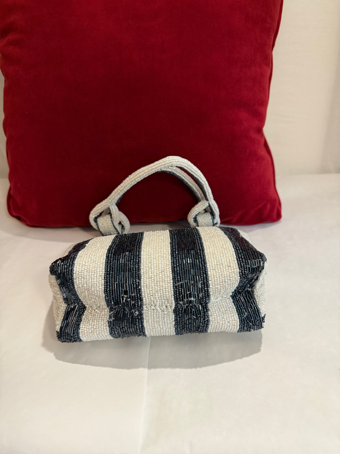 Striped Navy Blue and White Beaded Women's Tote Bag