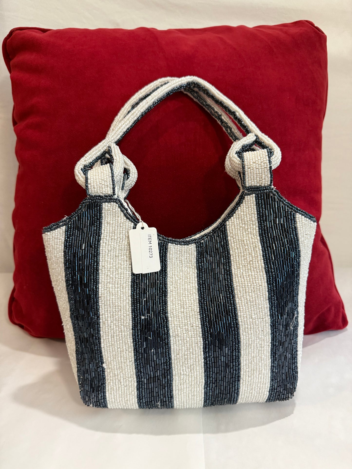 Striped Navy Blue and White Beaded Women's Tote Bag