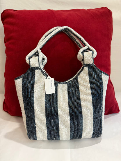 Striped Navy Blue and White Beaded Women's Tote Bag