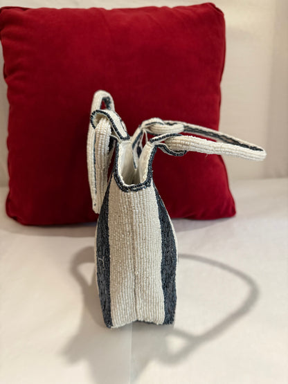 Striped Navy Blue and White Beaded Women's Tote Bag