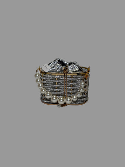 Silver Weaved Rhinestone Basket Box Clutch