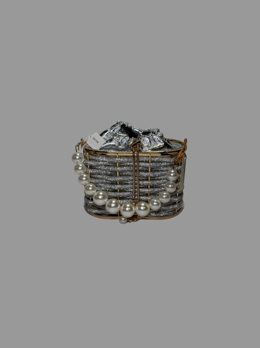 Silver Weaved Rhinestone Basket Box Clutch