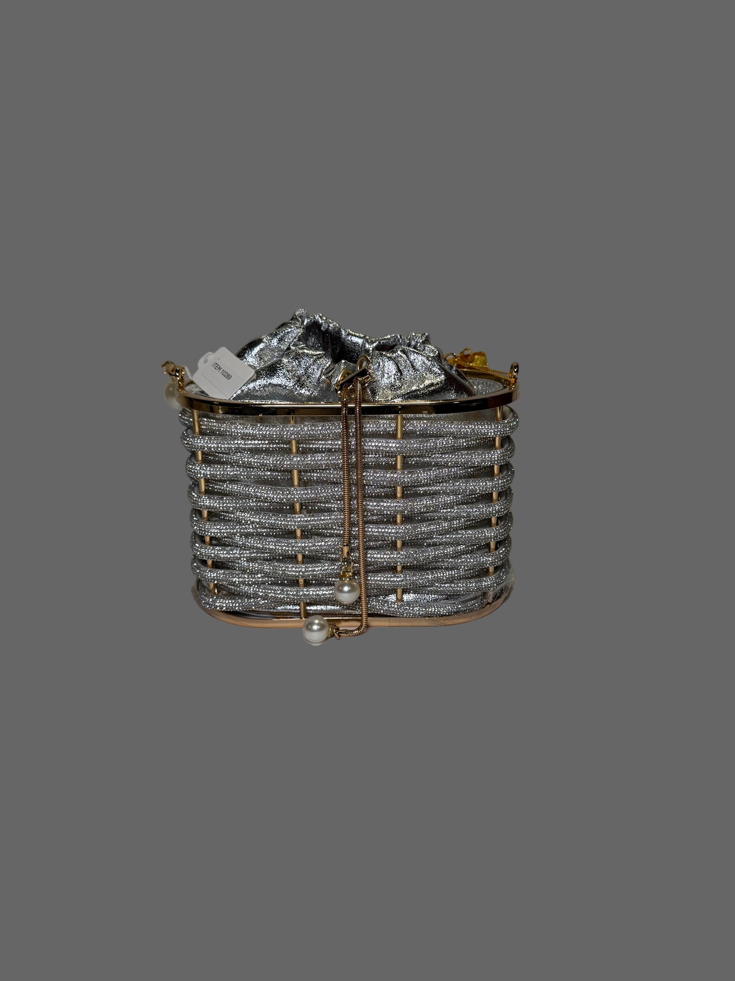 Silver Weaved Rhinestone Basket Box Clutch