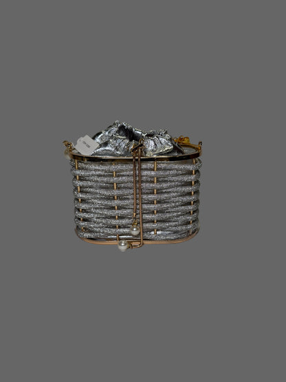 Silver Weaved Rhinestone Basket Box Clutch