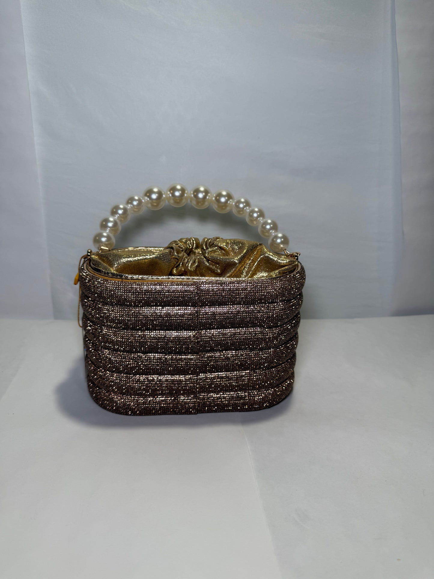 Gold tone Weaved Rhinestone Basket Box Clutch