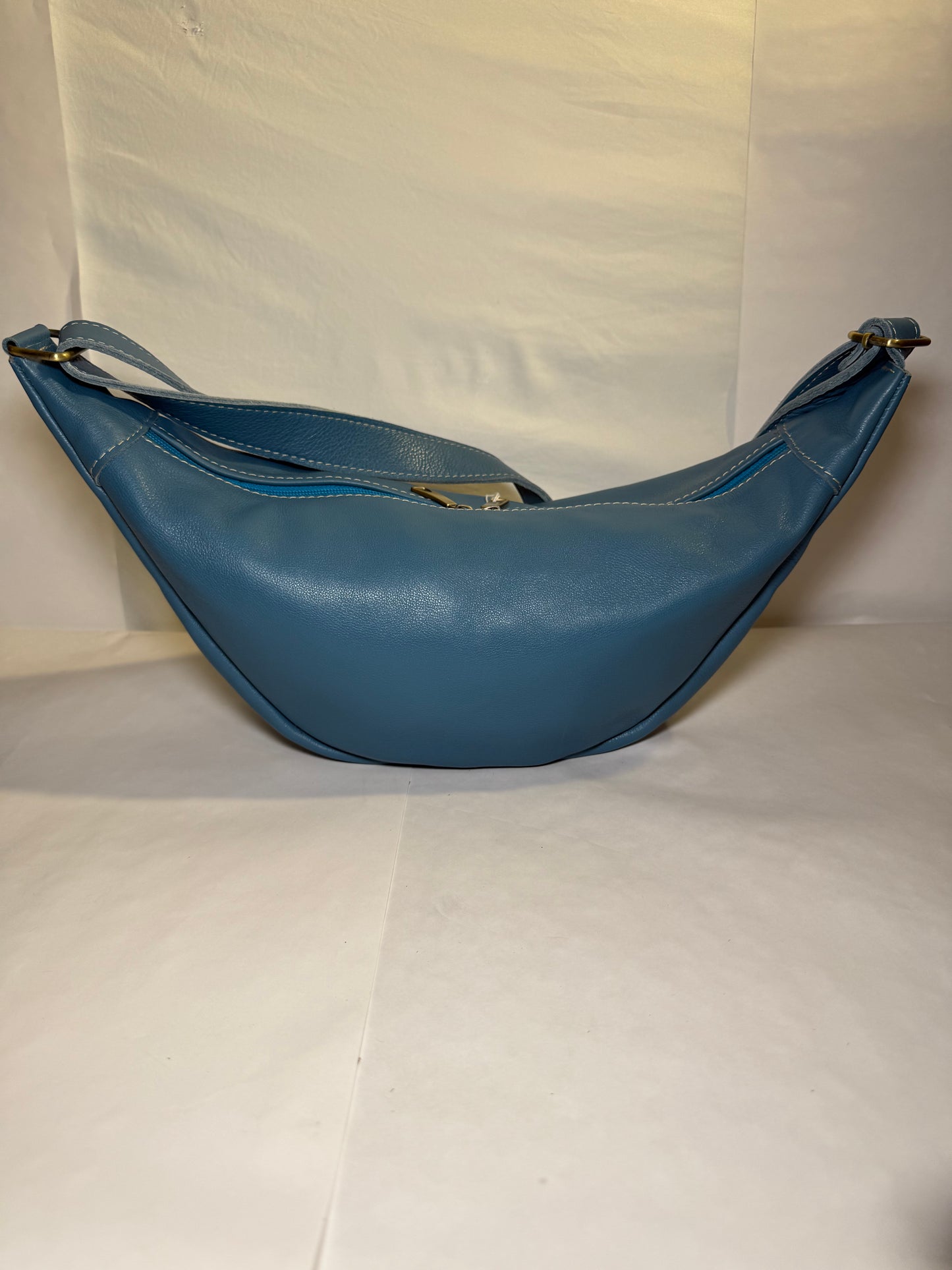 Soft Pouch Bag Cornflower Blue Handmade Crescent Crossbody Leather
