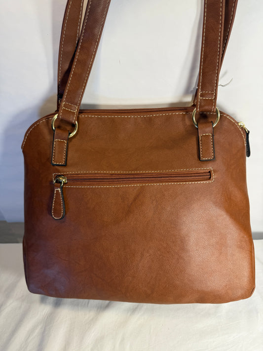 Brown Leather Dual Pocket Double Strap Shoulder Bag w/3 outside Zip Pocket