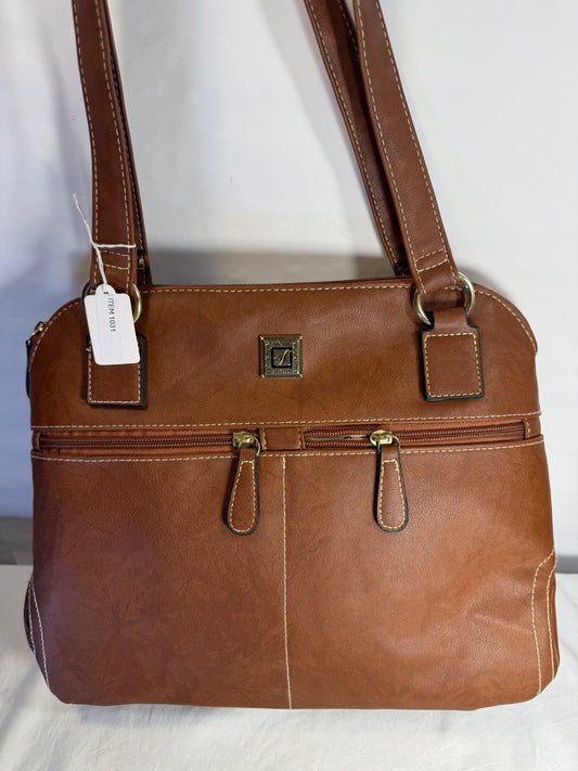 Brown Leather Dual Pocket Double Strap Shoulder Bag w/3 outside Zip Pocket