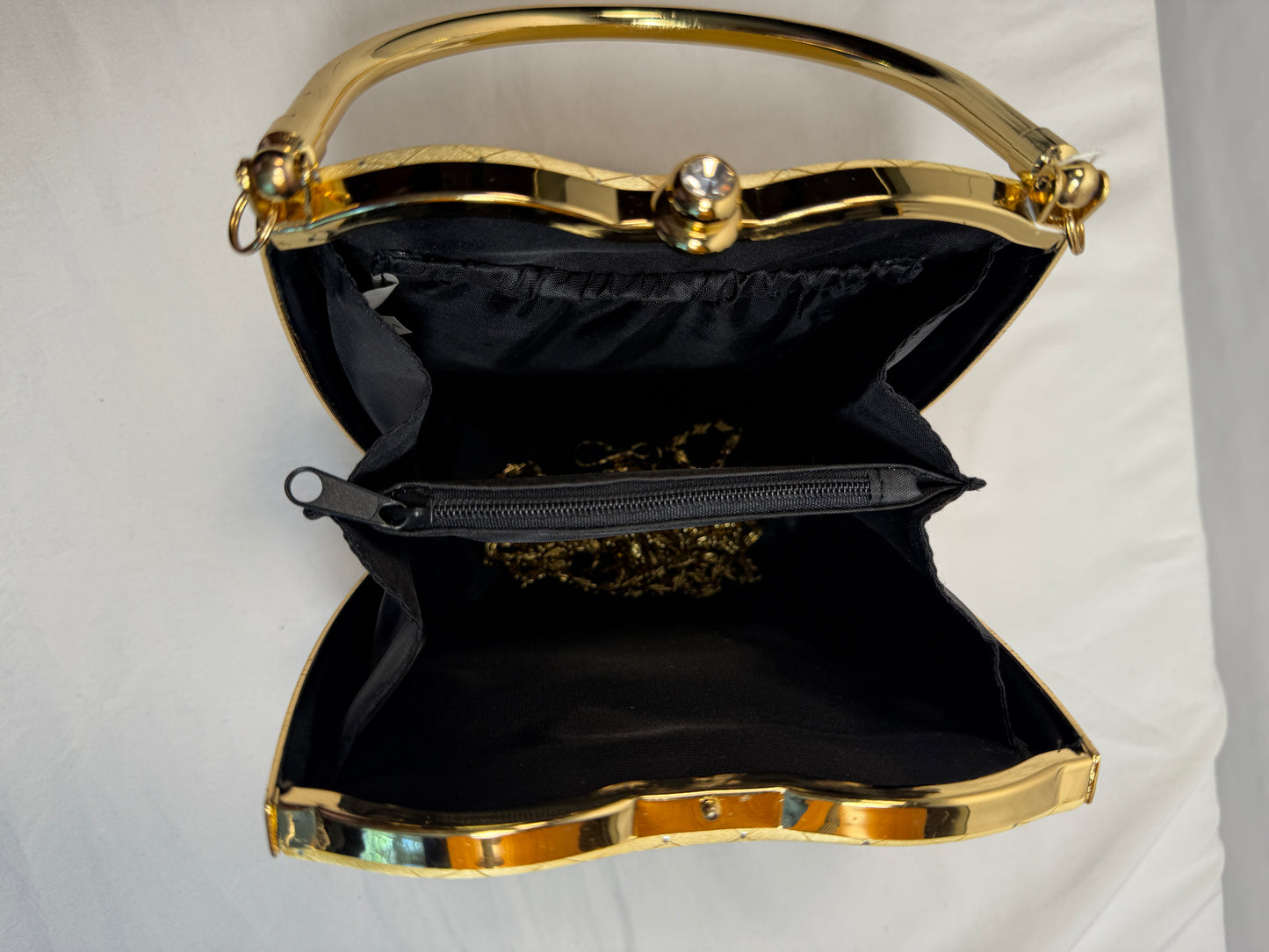 Vintage Hard Shell Evening Clutch With Detachable Chain Strap and Latch Closure.