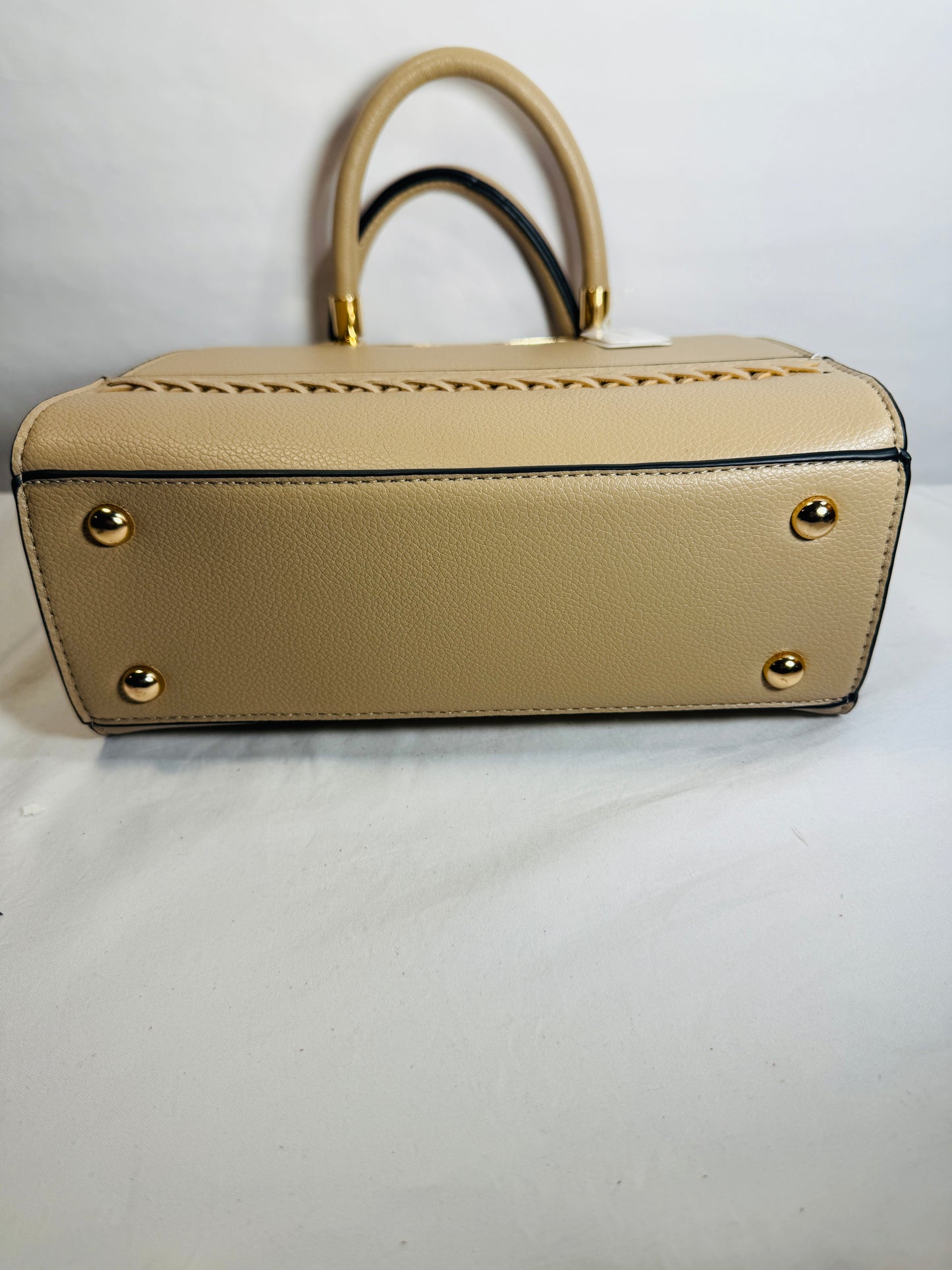 Small Faux Tote/Shoulder Bag w/woven design trim and gold tone hardware.
