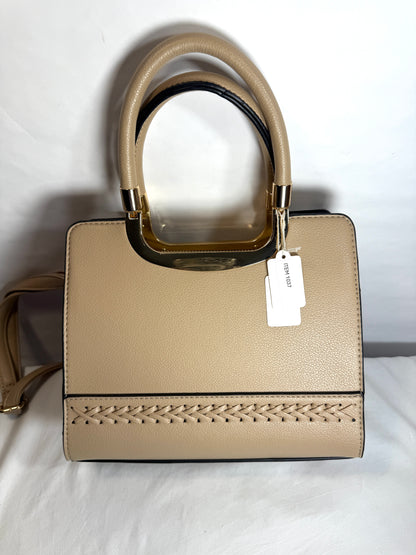 Small Faux Tote/Shoulder Bag w/woven design trim and gold tone hardware.