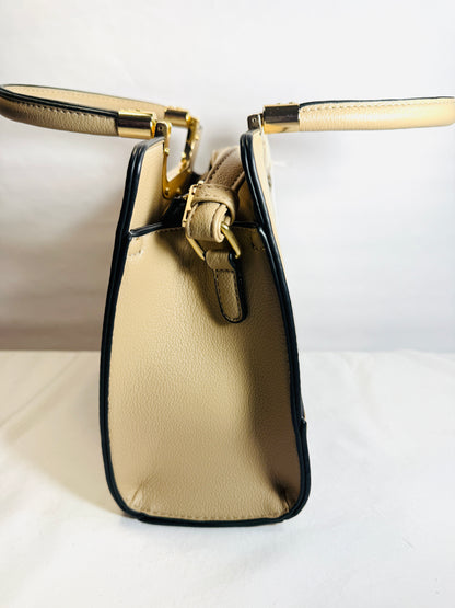 Small Faux Tote/Shoulder Bag w/woven design trim and gold tone hardware.