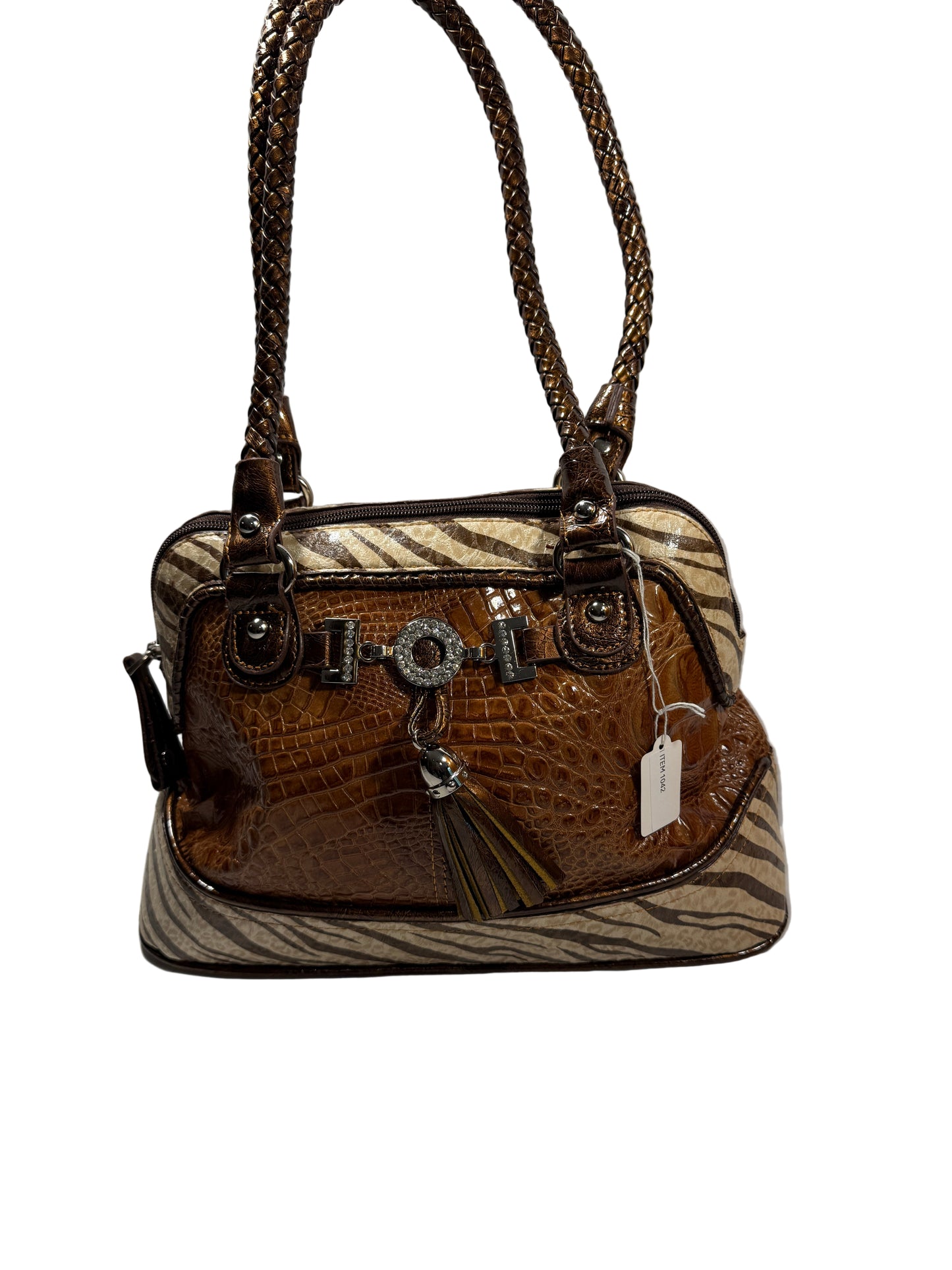 Pre-owned. Marc Chantal Brown with Animal Print Handbag Purse with Rhinestones.