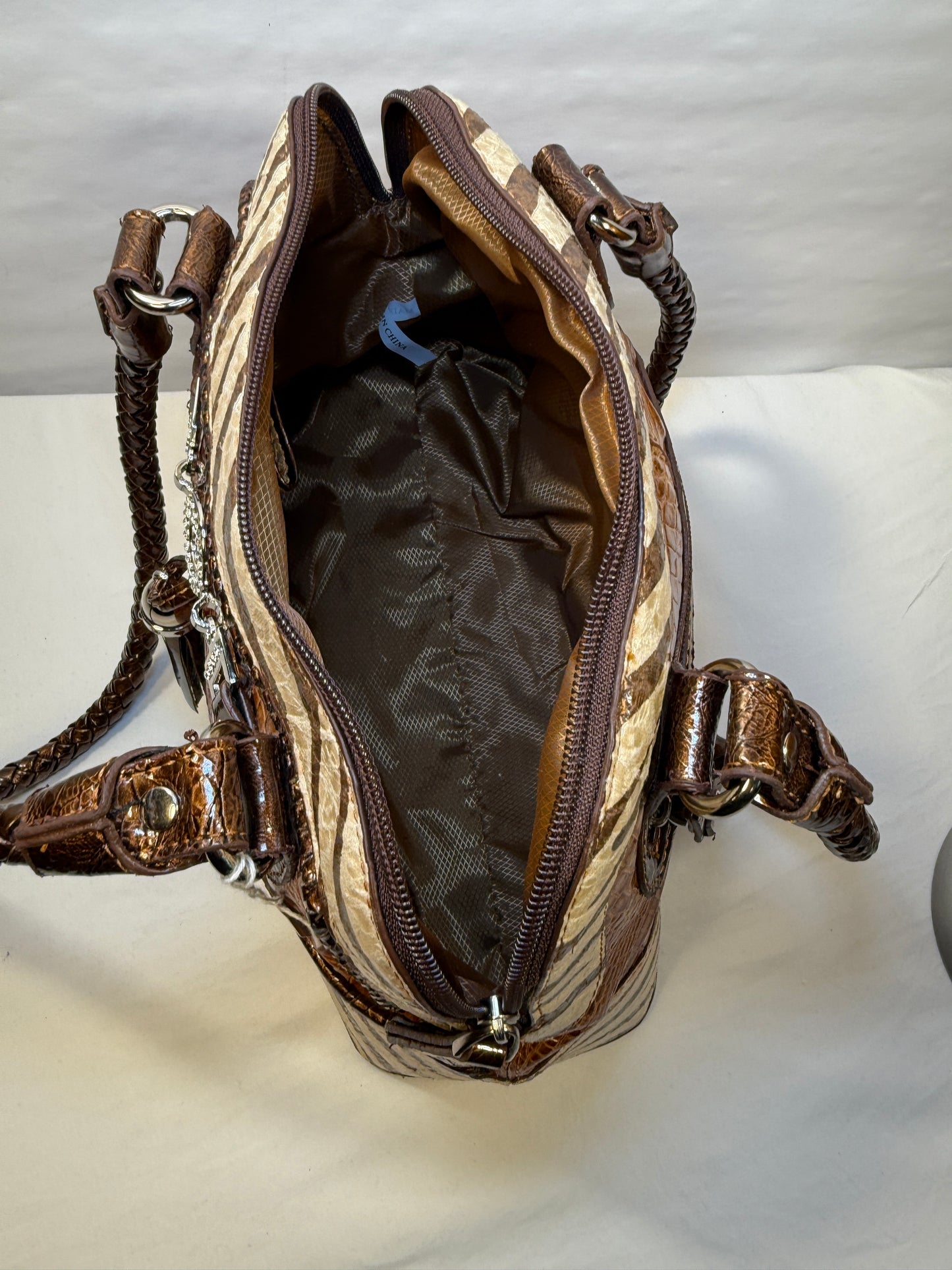 Pre-owned. Marc Chantal Brown with Animal Print Handbag Purse with Rhinestones.