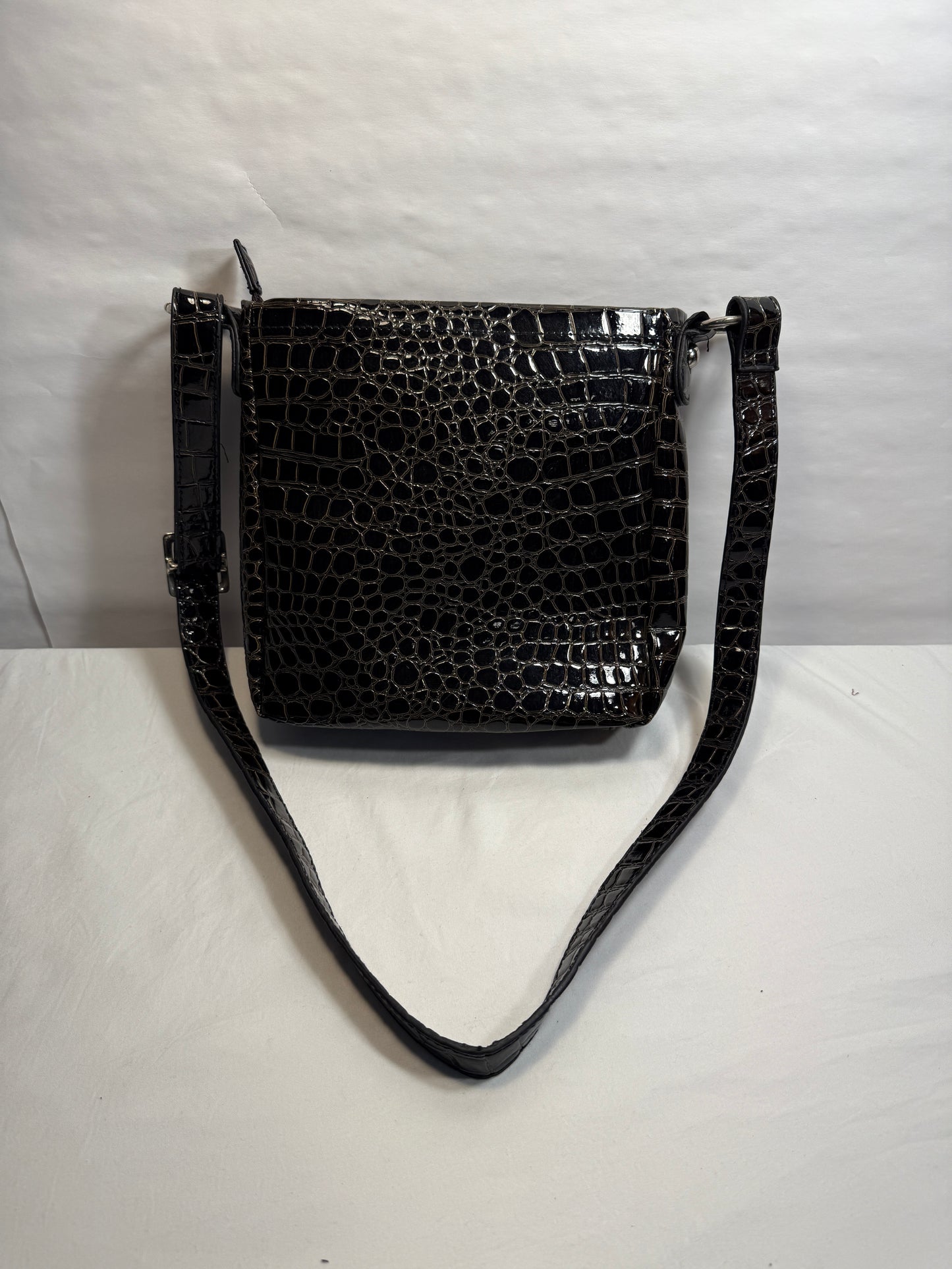 Croc Embossed Black Patent Leather Crossbody Bag