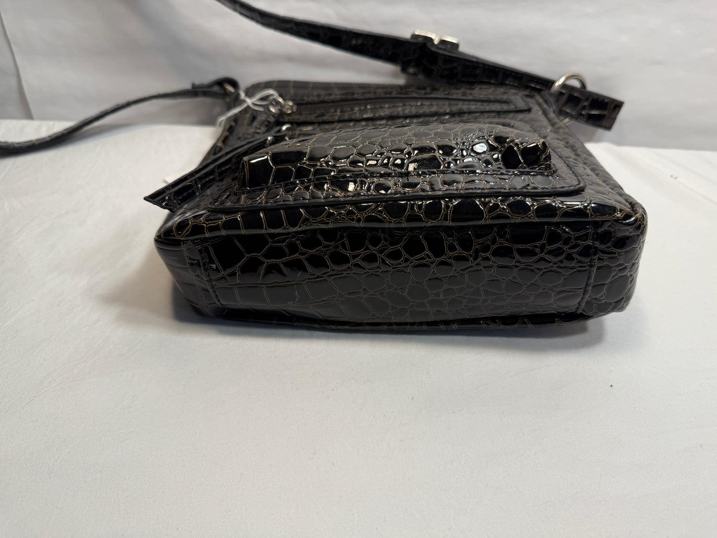 Croc Embossed Black Patent Leather Crossbody Bag